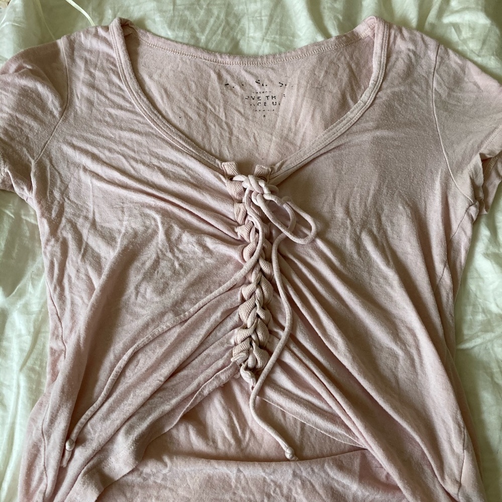 pink lace up crop top. More pink in person